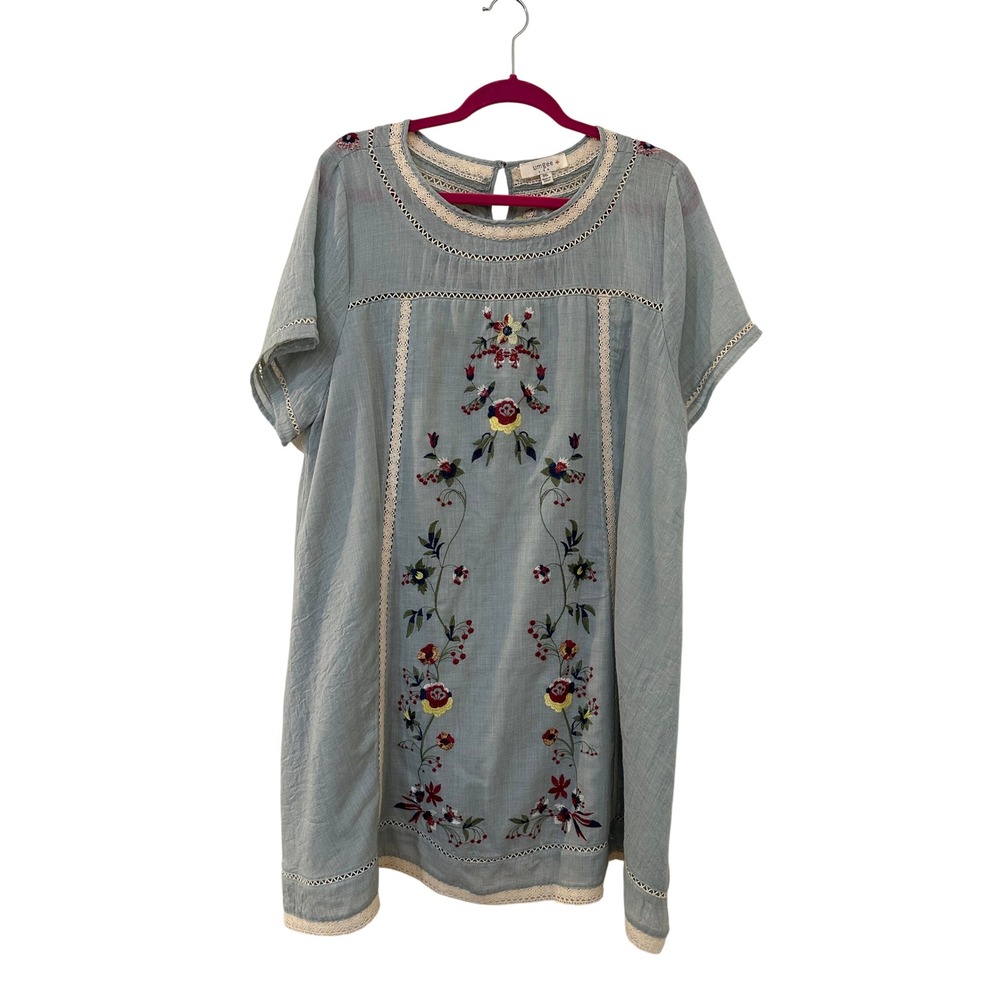 Umgee USA Boho Embroidered Lace Trim Shift Dress Blue Womens 1XL Peasant